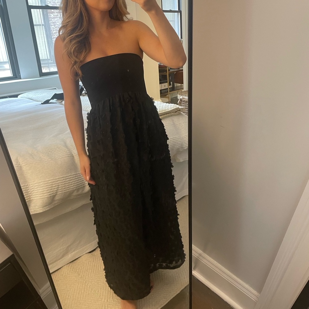 ZARA LIMITED ADDITION Black Floral Appliqué Strapless Midi Dress